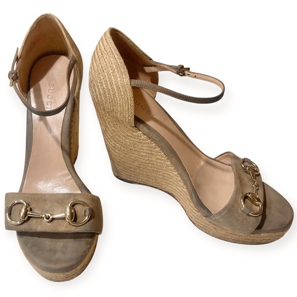 Gucci Carolina Espadrilles Wedge Sandal Size 38 Brown Suede Gold Horsebit 414965